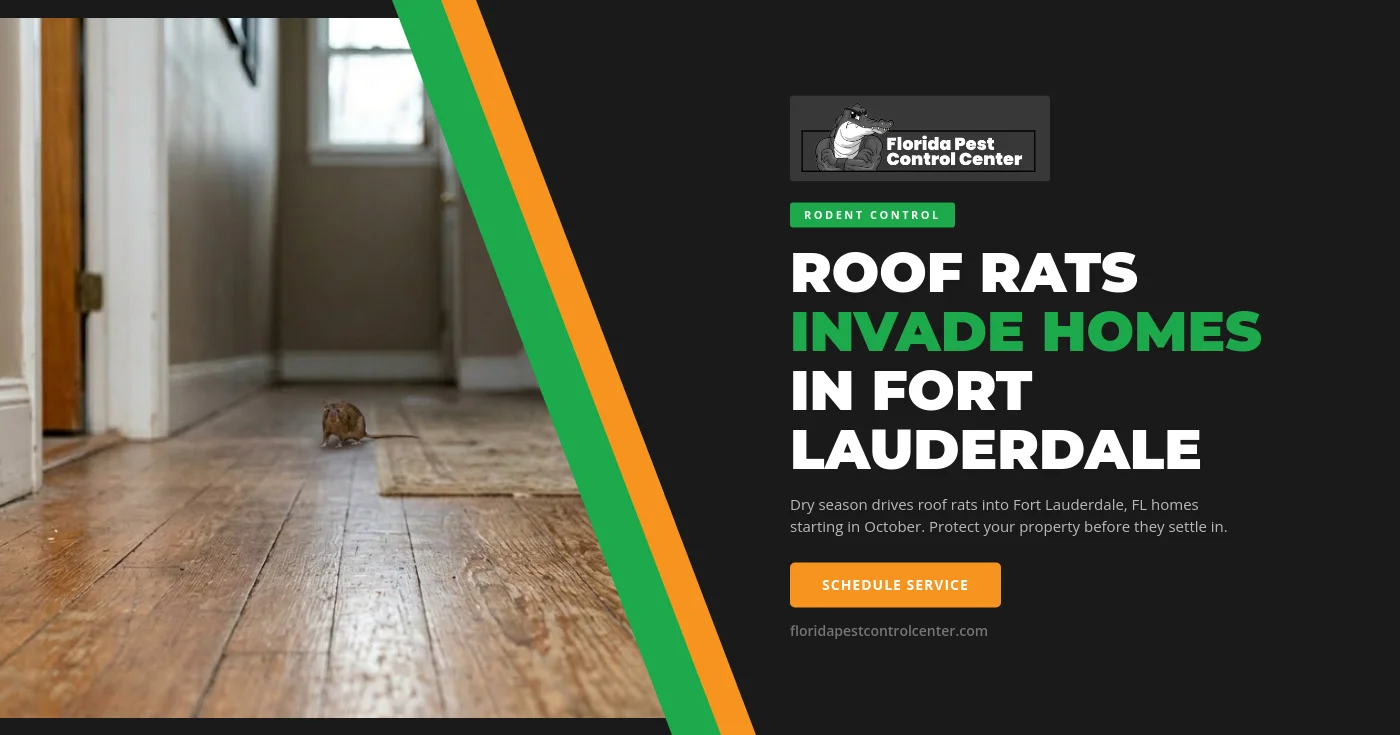 Dark-furred roof rat climbing along a soffit edge on a Fort Lauderdale FL home — rodent control inspection — Florida Pest Control Center